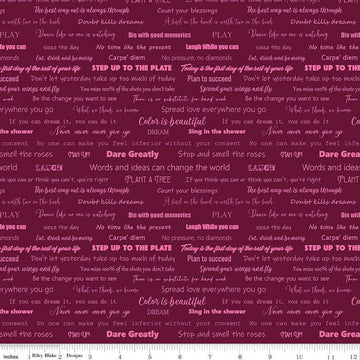 Image of the Fragrant Fields Script Maroon quilting cotton fabric by Lila Tueller for Riley Blake Designs. Features positive phrases on a dark pink purple background. 
Cute Little Fabric Shop