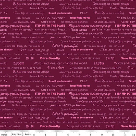 Image of the Fragrant Fields Script Maroon quilting cotton fabric by Lila Tueller for Riley Blake Designs. Features positive phrases on a dark pink purple background. 
Cute Little Fabric Shop