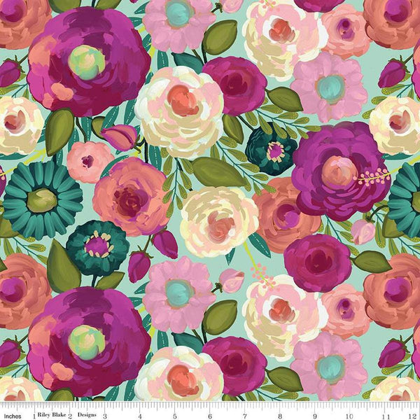 Image of the Fragrant Fields Main Mint quilting cotton fabric by Lila Tueller for Riley Blake Designs. Features large blossoms on a light blue green background. 
Cute Little Fabric Shop
