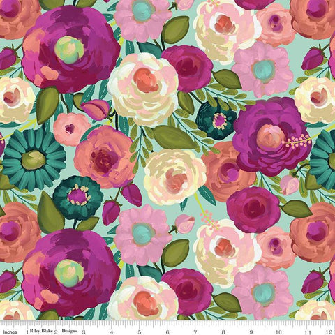 Image of the Fragrant Fields Main Mint quilting cotton fabric by Lila Tueller for Riley Blake Designs. Features large blossoms on a light blue green background. 
Cute Little Fabric Shop