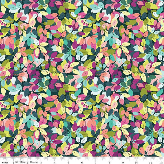 Image of the Fragrant Fields Leaves Dark Forest quilting cotton fabric by Lila Tueller for Riley Blake Designs. Features leaves on a dark green blue background. 
Cute Little Fabric Shop
