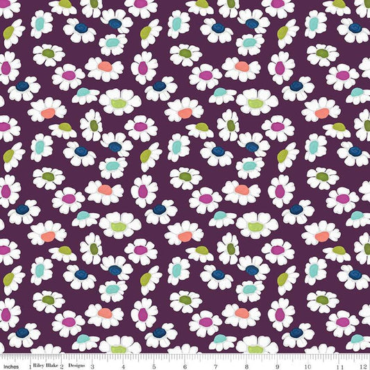 Image of the Fragrant Fields Dancing Daisies Eggplant quilting cotton fabric by Lila Tueller for Riley Blake Designs. Features daisies on a dark purple background. 
Cute Little Fabric Shop