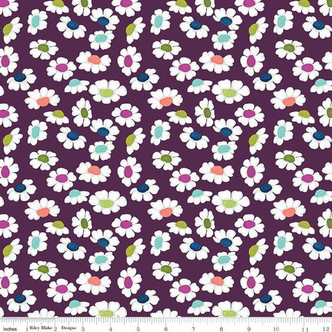 Image of the Fragrant Fields Dancing Daisies Eggplant quilting cotton fabric by Lila Tueller for Riley Blake Designs. Features daisies on a dark purple background. 
Cute Little Fabric Shop