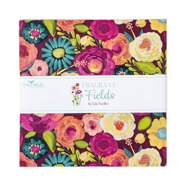 Image of the Fragrant Fields 10 inch stacker by Lila Tueller for Riley Blake Designs. Features florals on dark pink, purple, and teal backgrounds.
Cute Little Fabric Shop