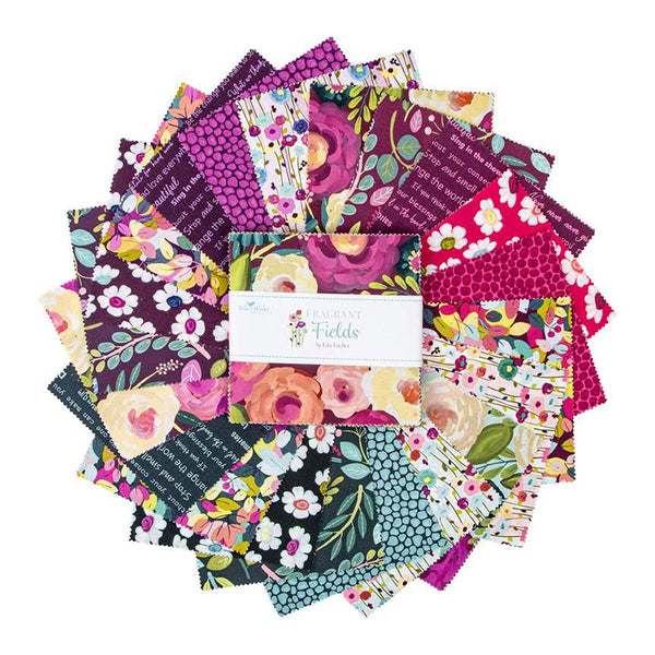 Image of the Fragrant Fields 5 inch stacker by Lila Tueller for Riley Blake Designs. Features florals on dark pink, purple, and teal backgrounds.
Cute Little Fabric Shop