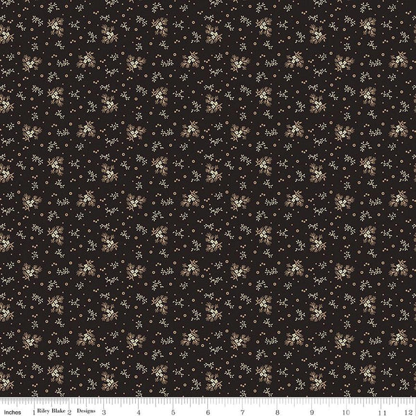Fat Quarter End of Bolt - SALE Bountiful Autumn Ditsy C10853 Black - Riley Blake - Reproduction Print Flowers Leaves Dots - Quilting Cotton