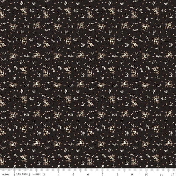 Fat Quarter End of Bolt - SALE Bountiful Autumn Ditsy C10853 Black - Riley Blake - Reproduction Print Flowers Leaves Dots - Quilting Cotton