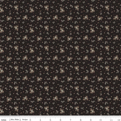 Fat Quarter End of Bolt - SALE Bountiful Autumn Ditsy C10853 Black - Riley Blake - Reproduction Print Flowers Leaves Dots - Quilting Cotton