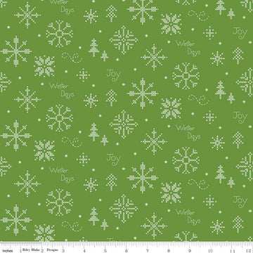 32" End of Bolt - Winter Wonder Cross Stitch C12062 Green - Riley Blake Designs - Christmas Snowflakes Text - Quilting Cotton Fabric
