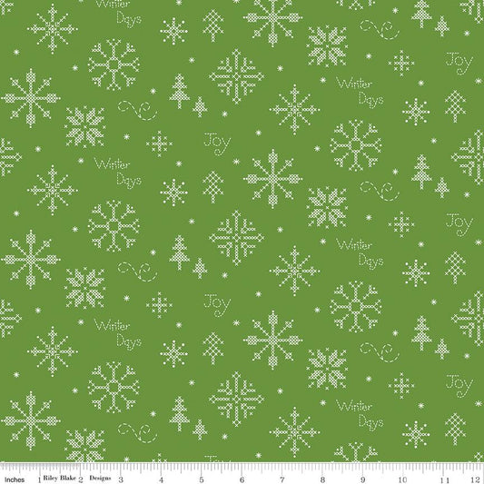 32" End of Bolt - Winter Wonder Cross Stitch C12062 Green - Riley Blake Designs - Christmas Snowflakes Text - Quilting Cotton Fabric