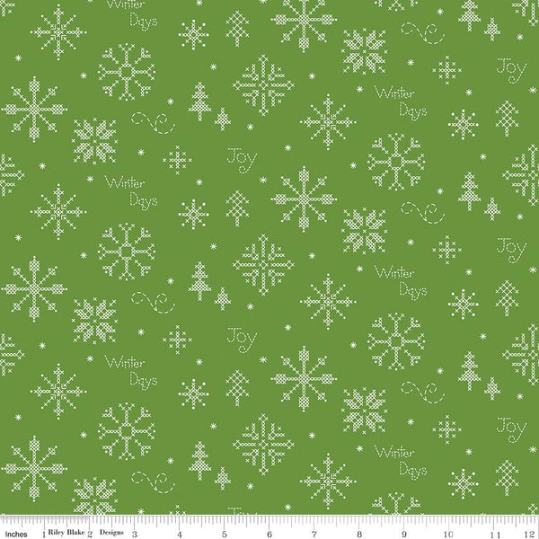 Winter Wonder Cross Stitch C12062 Green - Riley Blake Designs - Christmas Snowflakes Text - Quilting Cotton Fabric