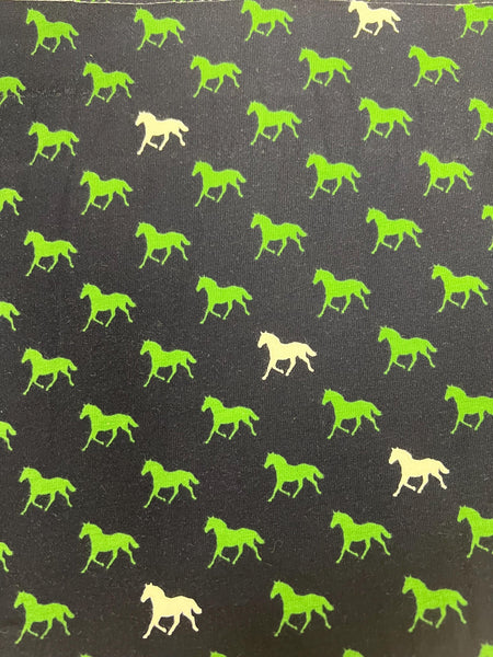 18" End of Bolt - SALE KNIT Derby Day Horses K6871 Navy by Riley Blake - Horse Blue Green White - Jersey KNIT Cotton Spandex Stretch Fabric