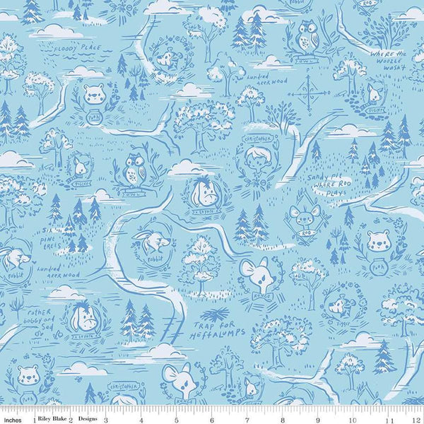 Image of the 100 Aker Woods 100 Aker Woods Map Sky quilting cotton fabric by Jill Howarth for Riley Blake Designs. Features characters from Winnie the Pooh on a sky background. 
Cute Little Fabric Shop