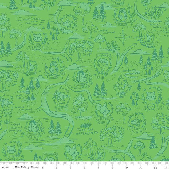 Image of the 100 Aker Woods 100 Aker Woods Map Green quilting cotton fabric by Jill Howarth for Riley Blake Designs. Features characters from Winnie the Pooh on a green background. 
Cute Little Fabric Shop