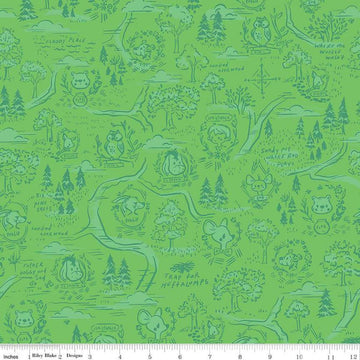 Image of the 100 Aker Woods 100 Aker Woods Map Green quilting cotton fabric by Jill Howarth for Riley Blake Designs. Features characters from Winnie the Pooh on a green background. 
Cute Little Fabric Shop