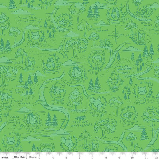 Image of the 100 Aker Woods 100 Aker Woods Map Green quilting cotton fabric by Jill Howarth for Riley Blake Designs. Features characters from Winnie the Pooh on a green background. 
Cute Little Fabric Shop