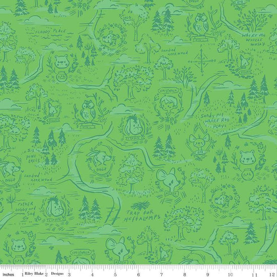 Image of the 100 Aker Woods 100 Aker Woods Map Green quilting cotton fabric by Jill Howarth for Riley Blake Designs. Features characters from Winnie the Pooh on a green background. 
Cute Little Fabric Shop