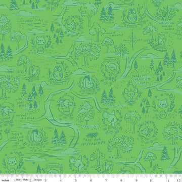 Image of the 100 Aker Woods 100 Aker Woods Map Green quilting cotton fabric by Jill Howarth for Riley Blake Designs. Features characters from Winnie the Pooh on a green background. 
Cute Little Fabric Shop
