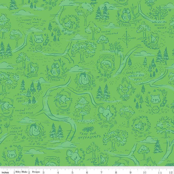 Image of the 100 Aker Woods 100 Aker Woods Map Green quilting cotton fabric by Jill Howarth for Riley Blake Designs. Features characters from Winnie the Pooh on a green background. 
Cute Little Fabric Shop