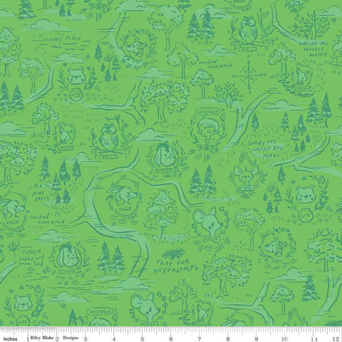 Image of the 100 Aker Woods 100 Aker Woods Map Green quilting cotton fabric by Jill Howarth for Riley Blake Designs. Features characters from Winnie the Pooh on a green background. 
Cute Little Fabric Shop