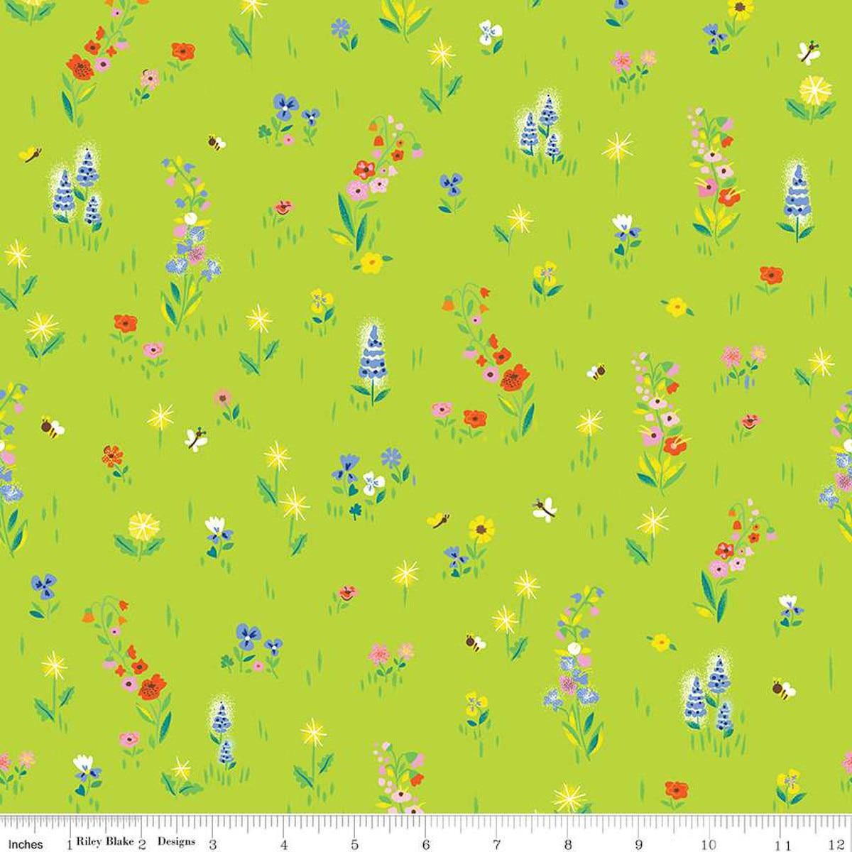 Image of the 100 Aker Woods Picnic Meadow Lime quilting cotton fabric by Jill Howarth for Riley Blake Designs. Features flowers with bees and butterflies on a bright green background. 
Cute Little Fabric Shop