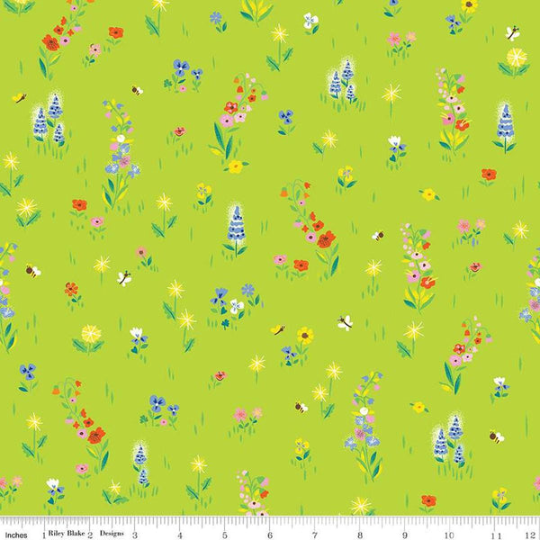 Image of the 100 Aker Woods Picnic Meadow Lime quilting cotton fabric by Jill Howarth for Riley Blake Designs. Features flowers with bees and butterflies on a bright green background. 
Cute Little Fabric Shop