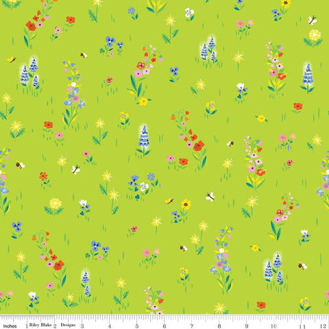 Image of the 100 Aker Woods Picnic Meadow Lime quilting cotton fabric by Jill Howarth for Riley Blake Designs. Features flowers with bees and butterflies on a bright green background. 
Cute Little Fabric Shop