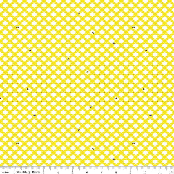 Image of the 100 Aker Woods Honey Hex Yellow quilting cotton fabric by Jill Howarth for Riley Blake Designs. Features honeycomb and an occasional bumble bee on a yellow background.
Cute Little Fabric Shop