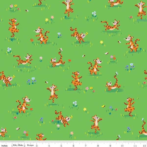 Image of the 100 Aker Woods Tigger Bounce Green quilting cotton fabric by Jill Howarth for Riley Blake Designs. Features Tigger bouncing around flowers on a green background.
Cute Little Fabric Shop