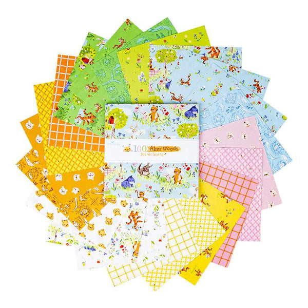 Image of the 100 Aker Woods 10 inch stacker with quilting cotton fabric by Jill Howarth for Riley Blake Designs. Features  Winnie the Pooh and friends on bright colors. 
Cute Little Fabric Shop