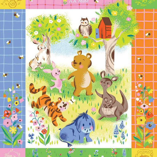 Image of the 100 Aker Woods My Favorite Day Panel quilting cotton fabric by Jill Howarth for  Riley Blake Design. Features Winnie the Pooh and friends on a forest background. 
Cute Little Fabric Shop