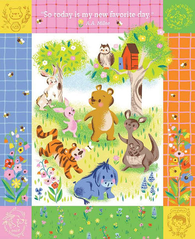 Image of the 100 Aker Woods My Favorite Day Panel quilting cotton fabric by Jill Howarth for  Riley Blake Design. Features Winnie the Pooh and friends on a forest background. 
Cute Little Fabric Shop