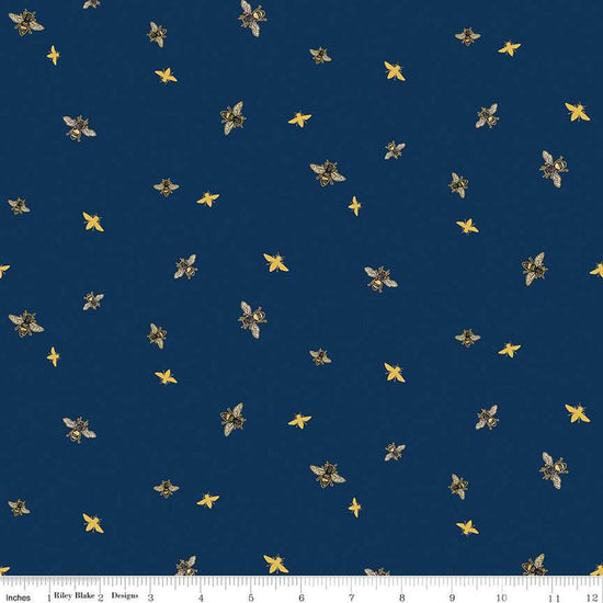 Image of the Honey Bees and Flowers Please Bees Navy quilting cotton fabric by Tara Reed for Riley Blake Designs. Features small bees scattered on a dark blue background. 
Cute Little Fabric Shop