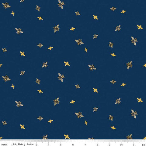 Image of the Honey Bees and Flowers Please Bees Navy quilting cotton fabric by Tara Reed for Riley Blake Designs. Features small bees scattered on a dark blue background. 
Cute Little Fabric Shop