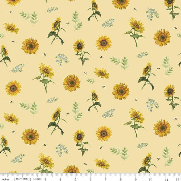 Image of the Honey Bees and Flowers Please Sunflowers and Bees Yellow quilting cotton fabric by Tara Reed for Riley Blake Designs. Features sunflowers, bees, and sprigs of leaves on a yellow background. 
Cute Little Fabric Shop