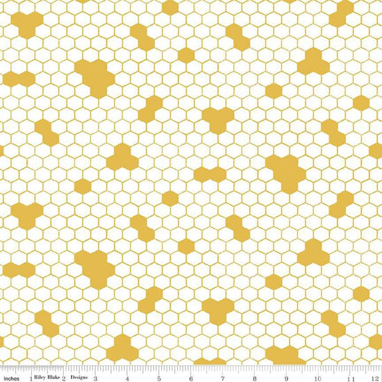 Image of the Honey Bees and Flowers Please Honeycomb White quilting cotton fabric by Tara Reed for Riley Blake Designs. Features honeycomb hexagons on a white background. 
Cute Little Fabric Shop