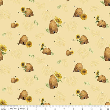 Image of the Honey Bees and Flowers Please Beehives Yellow quilting cotton fabric by Tara Reed for Riley Blake Designs. Features  beehives, bees, honeycomb, and sunflowers on a yellow background. 
Cute Little Fabric Shop