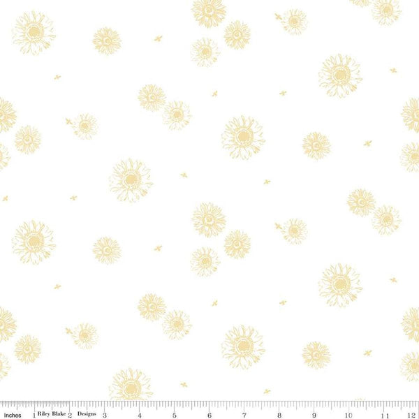 Image of the Honey Bees and Flowers Please Tonal Sunflowers White quilting cotton fabric by Tara Reed for Riley Blake Designs. Features scattered sunflowers and bees on a white background. 
Cute Little Fabric Shop