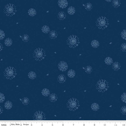 Image of the Honey Bees and Flowers Please Tonal Sunflowers Navy quilting cotton fabric by Tara Reed for Riley Blake Designs. Features scattered sunflowers and bees on a navy background. 
Cute Little Fabric Shop