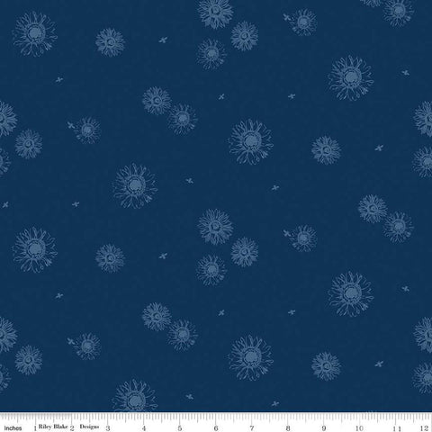 Image of the Honey Bees and Flowers Please Tonal Sunflowers Navy quilting cotton fabric by Tara Reed for Riley Blake Designs. Features scattered sunflowers and bees on a navy background. 
Cute Little Fabric Shop