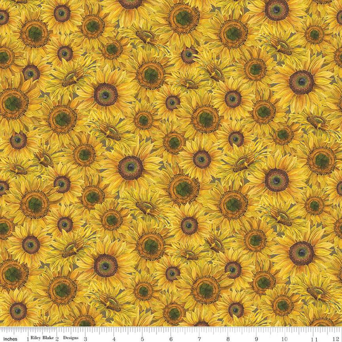 Image of the Honey Bees and Flowers Please Sunflower Bouquet Yellow quilting cotton fabric by Tara Reed for Riley Blake Designs. Features sunflowers on a yellow background. 
Cute Little Fabric Shop
