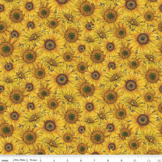 Image of the Honey Bees and Flowers Please Sunflower Bouquet Yellow quilting cotton fabric by Tara Reed for Riley Blake Designs. Features sunflowers on a yellow background. 
Cute Little Fabric Shop
