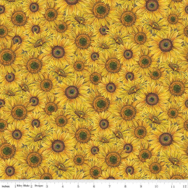 Image of the Honey Bees and Flowers Please Sunflower Bouquet Yellow quilting cotton fabric by Tara Reed for Riley Blake Designs. Features sunflowers on a yellow background. 
Cute Little Fabric Shop