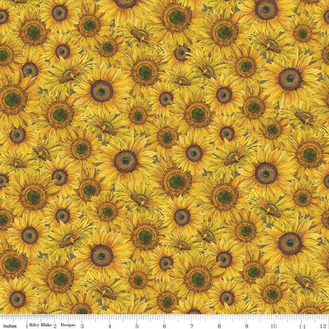 Image of the Honey Bees and Flowers Please Sunflower Bouquet Yellow quilting cotton fabric by Tara Reed for Riley Blake Designs. Features sunflowers on a yellow background. 
Cute Little Fabric Shop