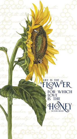 Honey Bees and Flowers Please Life Is the Flower quilting cotton panel by Tara Reed for Riley Blake Designs. Features a large flower and Victor Hugo quote saying &quot;Life is the flower for which love is the honey.&quot; 
Cute Little Fabric Shop