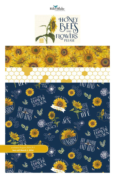 Image of the Honey Bees and Flowers Please storyboard by Tara Reed for Riley Blake Designs. Features sunflowers, bees, and honeycomb on a navy blue fabric with yellow and white coordinating fabrics.
Cute Little Fabric Shop