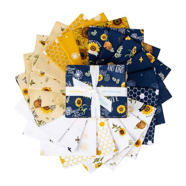 Image of the Honey Bees and Flowers Please Fat Quarter Bundle by Tara Reed for Riley Blake Designs. Features honeybees, sunflowers, and honeycomb on yellow, blue, and white backgrounds. 
Cute Little Fabric Shop