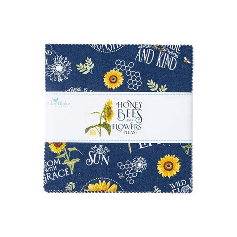 Image of the Honey Bees and Flowers Please 5&quot; Stacker by Tara Reed for Riley Blake Designs. Features honeybees, sunflowers, and honeycomb on yellow, blue, and white backgrounds. 
Cute Little Fabric Shop