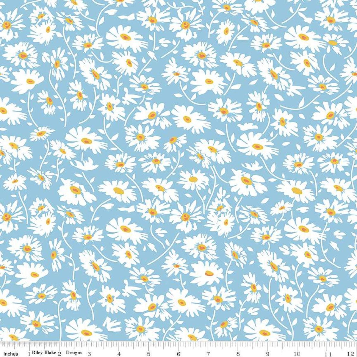 Image of the Always in Season Daisy Sky quilting cotton fabric by American Jane for Riley Blake Designs. Features scattered daisies on a light blue background. 
Cute Little Fabric Shop