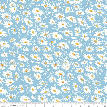 Image of the Always in Season Daisy Sky quilting cotton fabric by American Jane for Riley Blake Designs. Features scattered daisies on a light blue background. 
Cute Little Fabric Shop